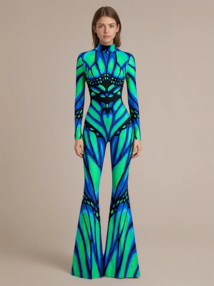 Damen Schmetterling-Flared-Jumpsuit Cosplay Dehnbarer Kostüm-Bodysuit für Zirkus, Karneval, Bühnenshow, Party, Halloween-Ausführung – Detail 3