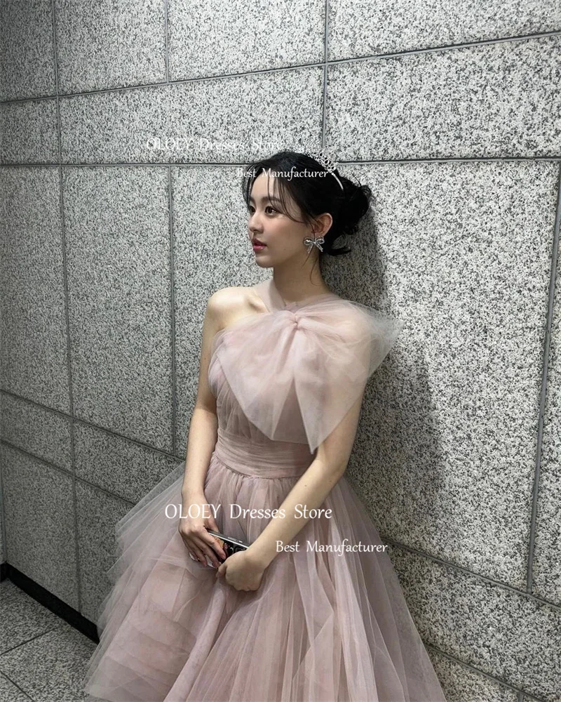 OLOEY Fairy Dusty Pink Tulle Evening Dresses Customized Korea Wedding Photoshoot Bow Floor Length Prom Gowns Party Dress Long