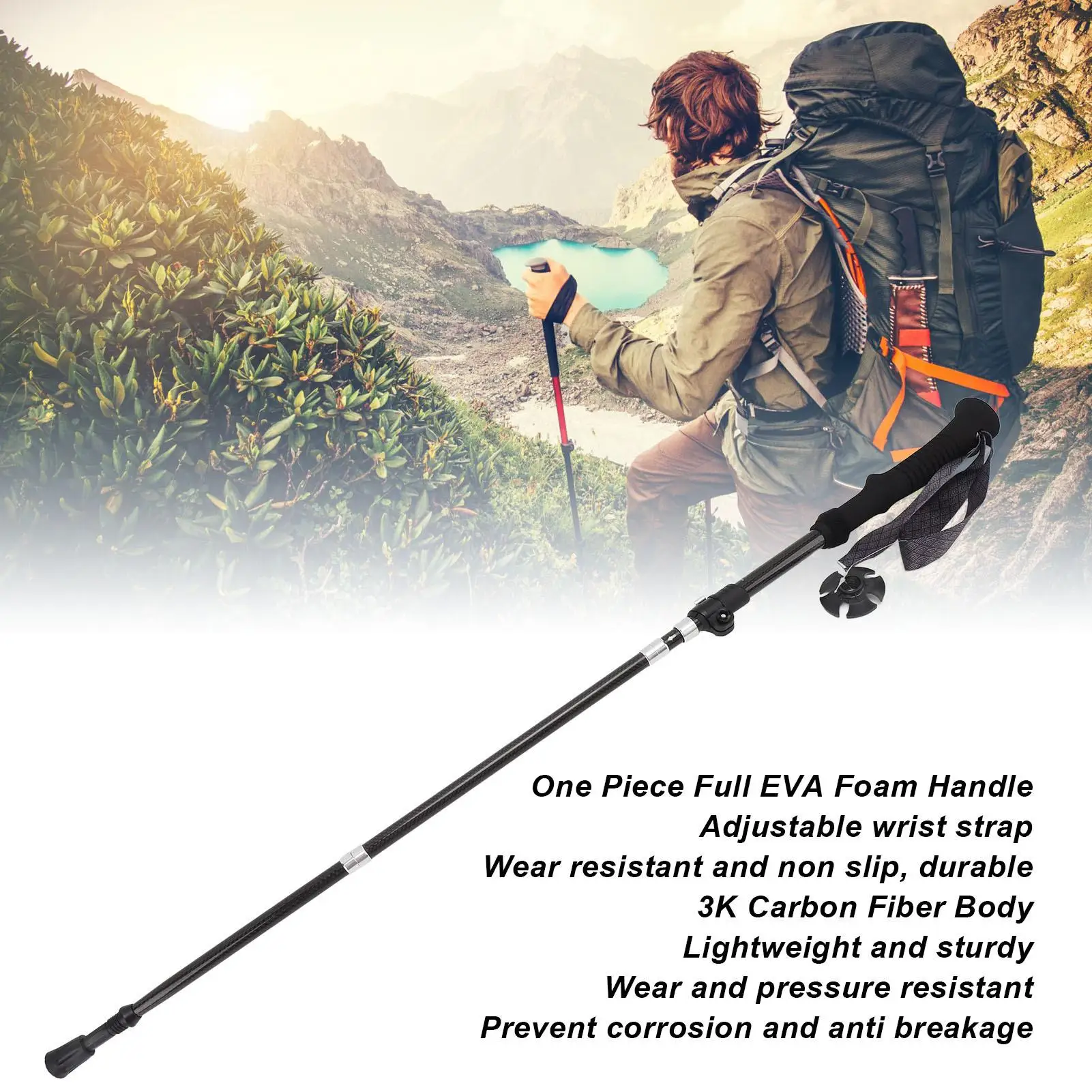 Lightweight Folding Hiking Cane - 3K Carbon  Walking Stick with Comfortable Grip & Slip-Resistant Design