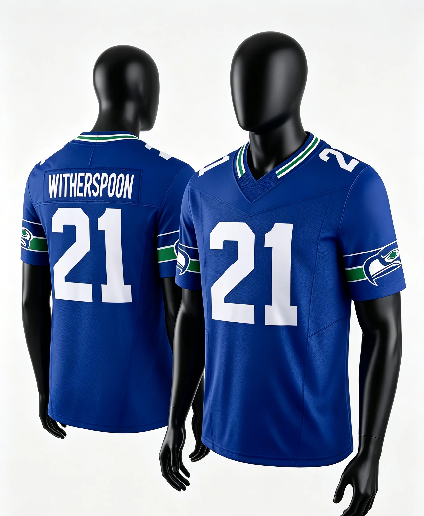 Men #21 Witherspoon Navy Home Football Jersey Digital Grid Number Green Outline V Neck Seahawks Fan Uniform Family Matching