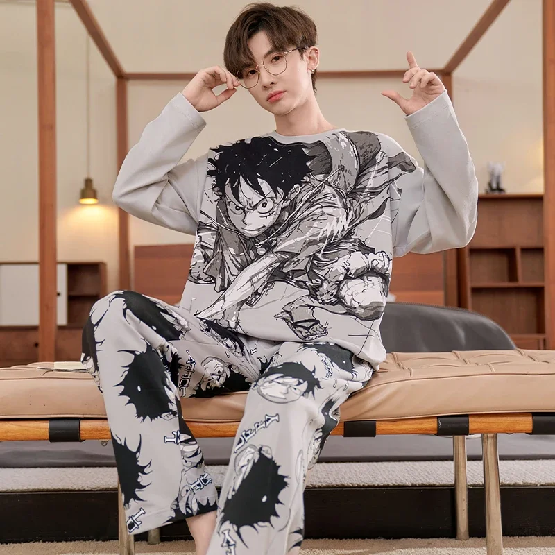 ONE PIECE Luffy autumn pure cotton long-sleeved trousers two-piece set men\'s pajamas casual loungewear pajamas pants set