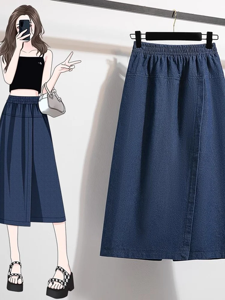 Deep Blue Denim Skirt Pants High Waist Elastic Waist plus Size Midi Length Slimming A-Line Skirt for Young Women