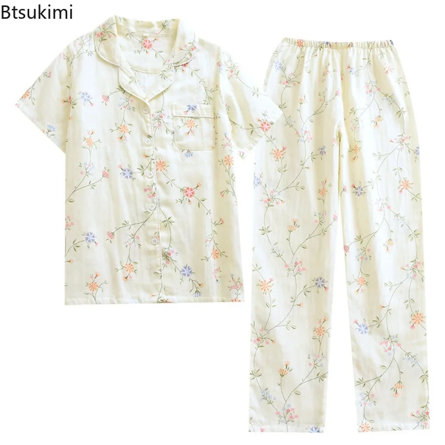 2025 Women's Summer Pajamas 100% Cotton Gauze Short Sleeve Trousers Pajamas Suit for Women Cute Print Pajamas Sets Home Female
