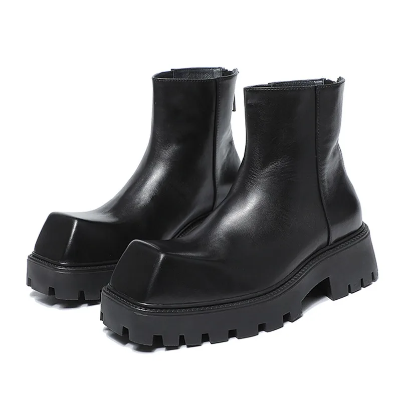 New British Style Cowhide Square Toe 6CM Thick Soled Chelsea Boots Men High Top Genuine Leather Casual Motorcycle Boots Male