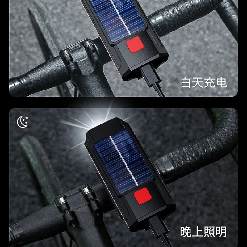 Solar Bike Light USB Rechargeable Front Headlight with Horn for Mountain Bicycle Night Riding Safety Lighting