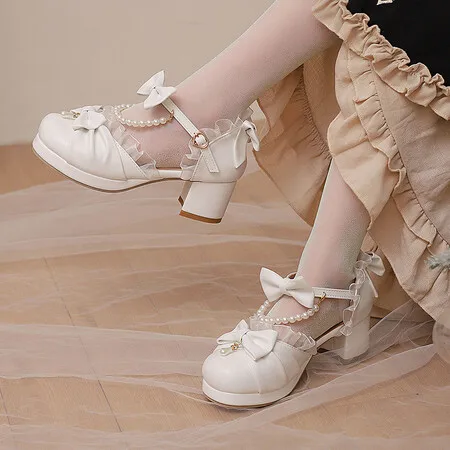 Spring Lace Ankle Strap Women High Heels Mary Jane Pumps Party Wedding Cosplay White Pink Hairball Bow Princess Lolita Shoes2024