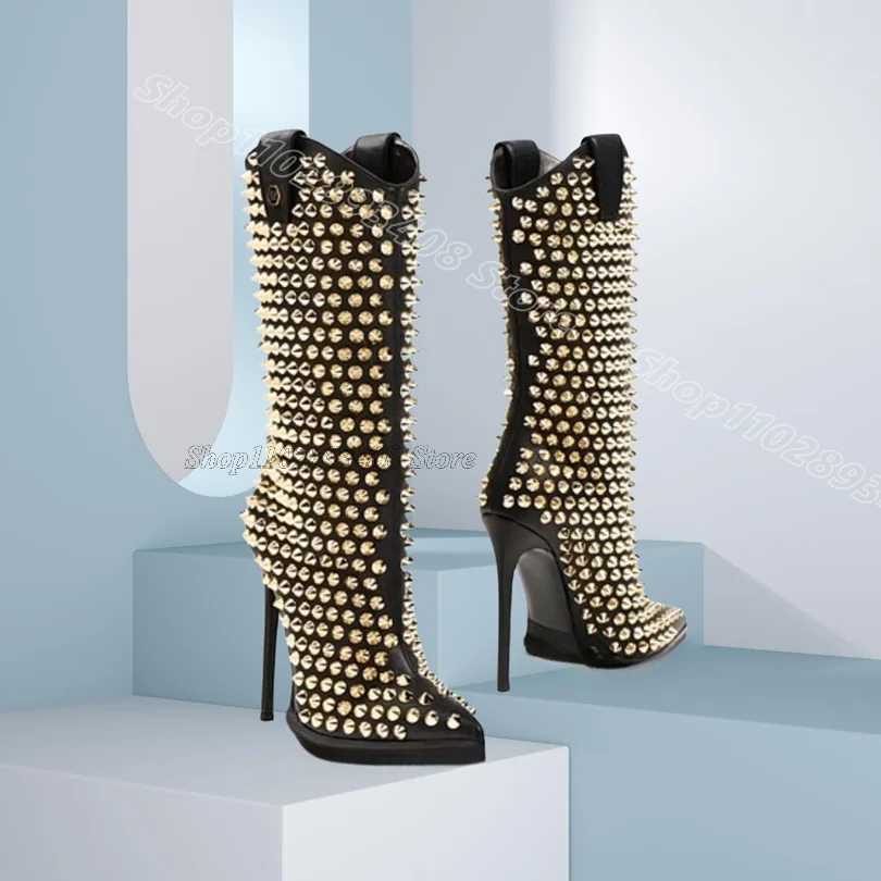 

Black Rivet Decor Short Boots Pointed Toe Shallow British Style Fashion Personality Women Party Boots 2025 Zapatos Para Mujere