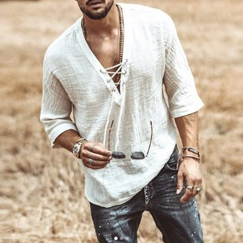 2026 Summer New Men's Chest Strap Medium Sleeve T-shirt Shirt