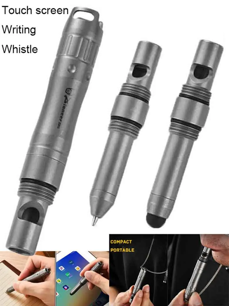 سبائك التيتانيوم متعددة الوظائف قلم توقيع سيليكون رئيس العالمي شاشة تعمل باللمس القلم في الهواء الطلق بقاء قلادة مدرب EDC صافرة