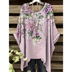 Women's Summer Bohemian Floral Print T-Shirt Vintage Light Purple Y2k Graphic Round Neck Clothing Elegant Woman Short Sleeve Top