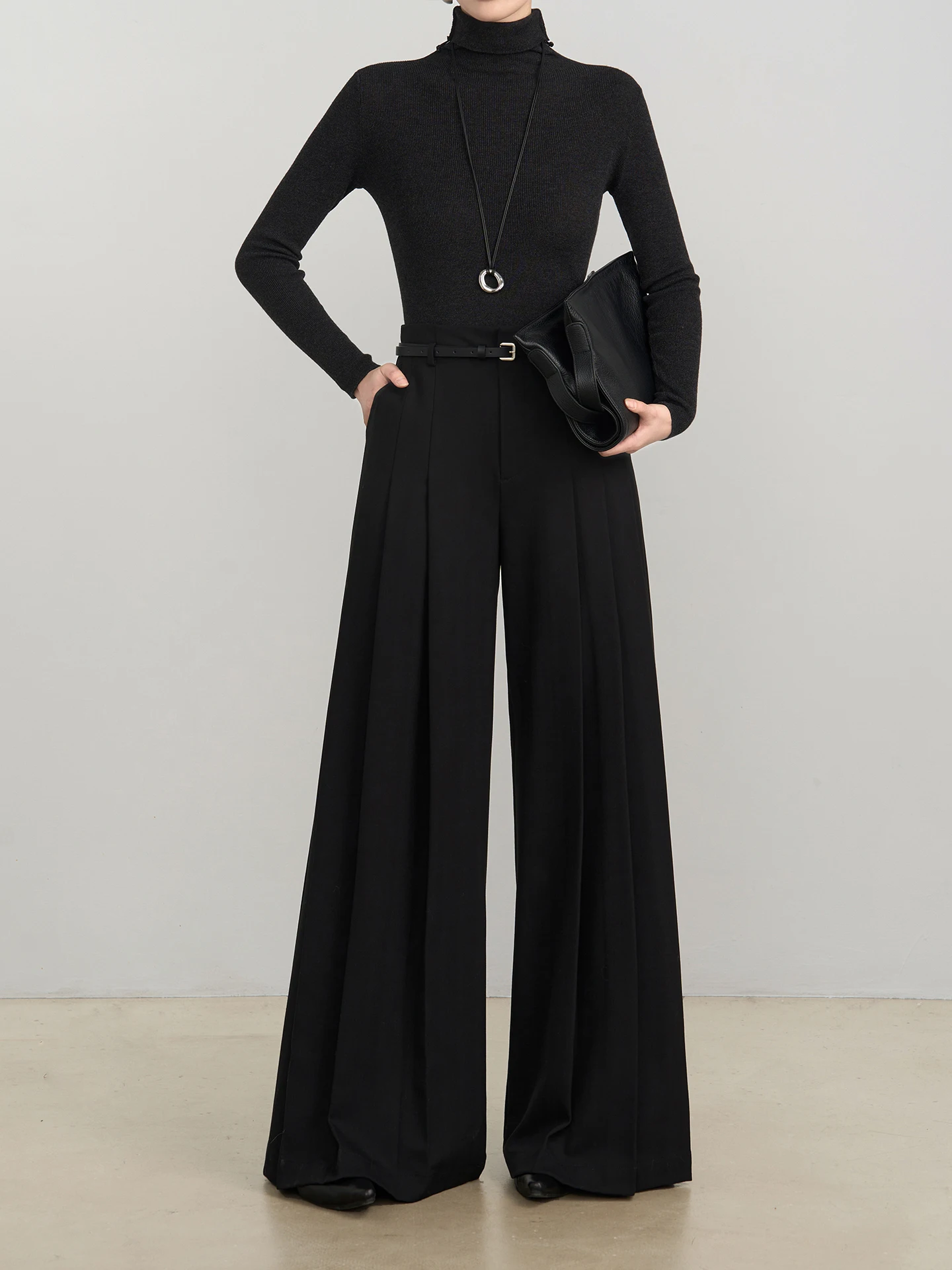 

Брюки Moke Smooth Pants с высокой талией, черные, шерстяные, женские, повседневные, свободные, широкие, плиссированные, для офиса