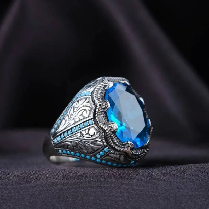 Retro Handmade Turkish Signet Ring For Men Vintage Ancient Silver Color Carved Blue Zircon Ring Punk Motor Biker Muslim Jewelry
