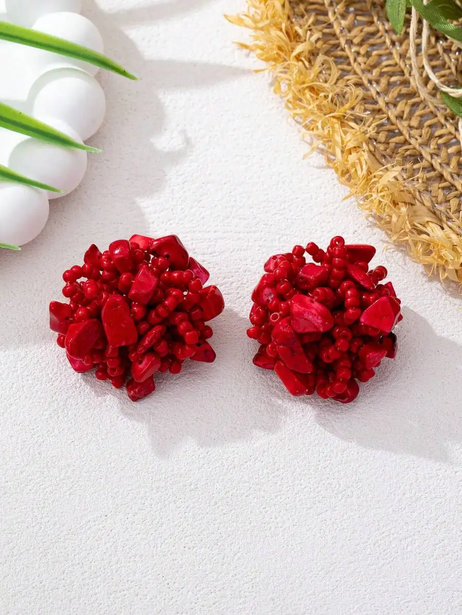 

Handmade Red Beaded Stud Earrings Unique Design Fashion Jewelry For Women