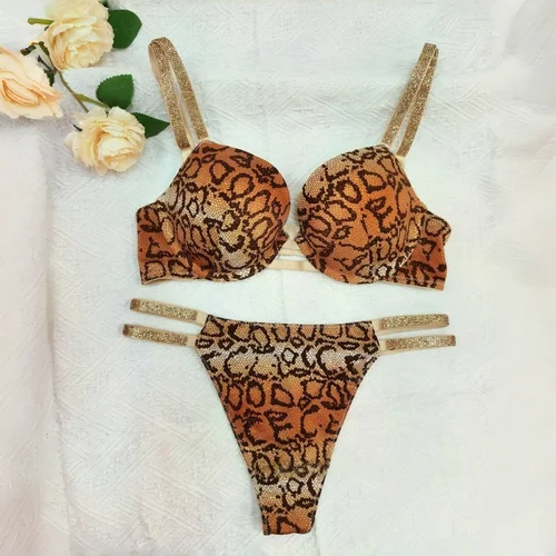 Imagen 2 del producto Conjunto de sujetador Sexy con diamantes de imitación de leopardo para mujer, Bralette, ropa interior para niña, sujetador, Tanga a la moda, sujetadores, lencería, conjuntos de bragas