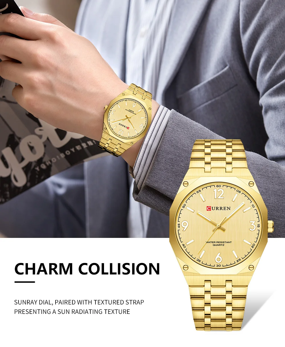 CURREN Herren Luxus-Armbanduhr mit achteckigem Gehäuse, leuchtend, Business-Quarzuhr mit Edelstahlarmband, Reloj Masculino – Detail 3