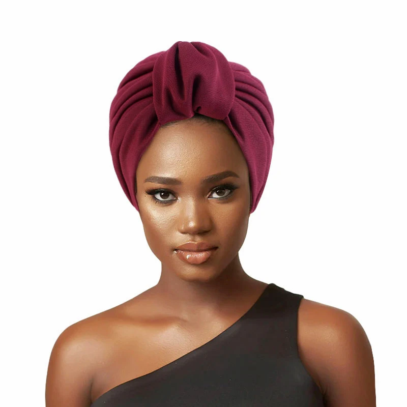 2024 New Loop Ruffled Women's Turban Cap Pleated African Head Wrap Bonnet Female Headscarf Hat Solid Muslim Hat Turbante Mujer