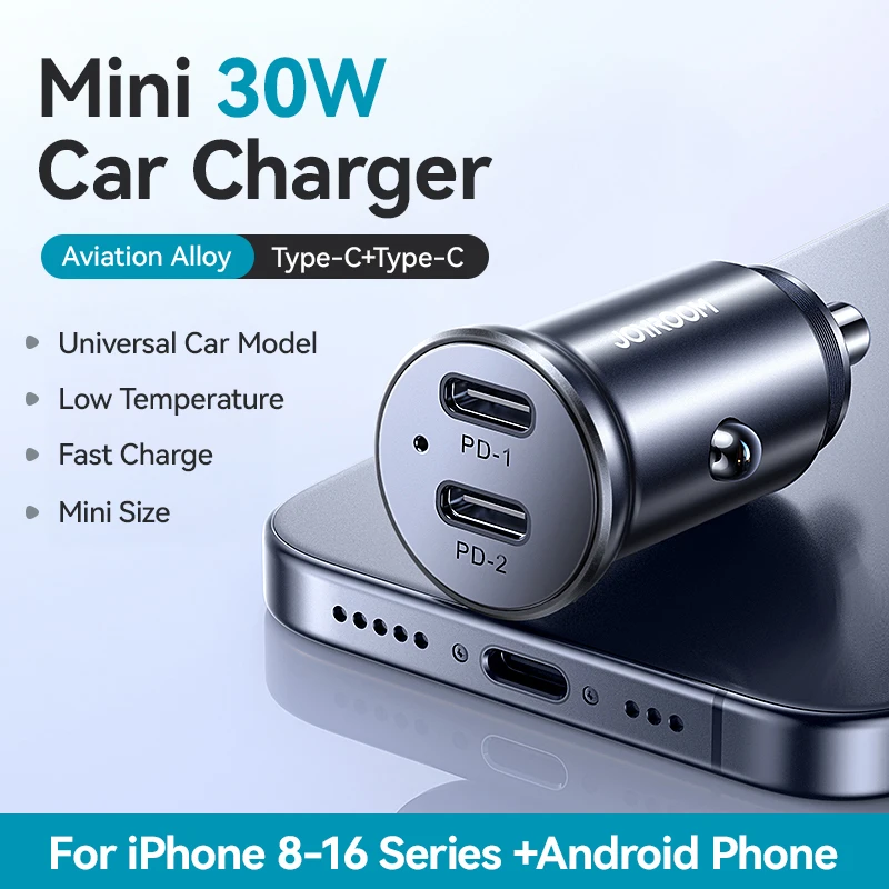 Joyroom 30W Mini-Autoladegerät PD QC3.0 USB Typ-C Schnellladegerät Dual-Ports-Autoladegerät für iPhone Samsung Galaxy