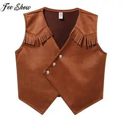 Brown Kids Boys Western Cowboy Cosplay Costume Pointed Hem Press Tassels Vest for Theme Party Carnival Dress Up Performance