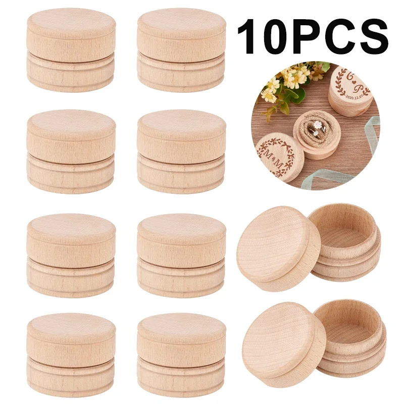 10Pcs Mini Round Wooden Box 3.5x5cm Ring Jewelry Earring Trinket Box for DIY Names Date Wood Storage Container Case for Proposal