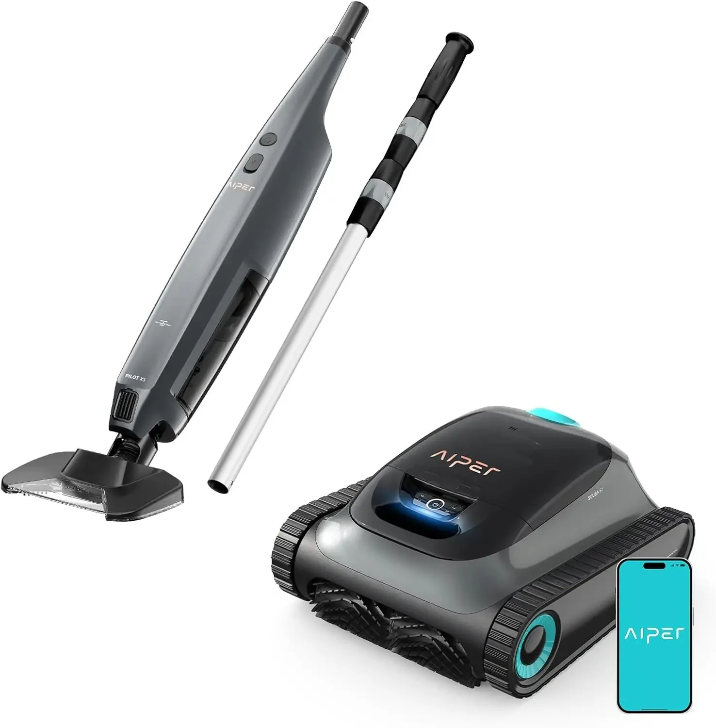 

СОВЕРШЕННО НОВЫЙ робот-пылесос для бассейна Aiper Scuba S1 2025 Grey с ручными пылесосами для бассейна Pilot X1, идеально подходит для подземных и надземных пылесосов P