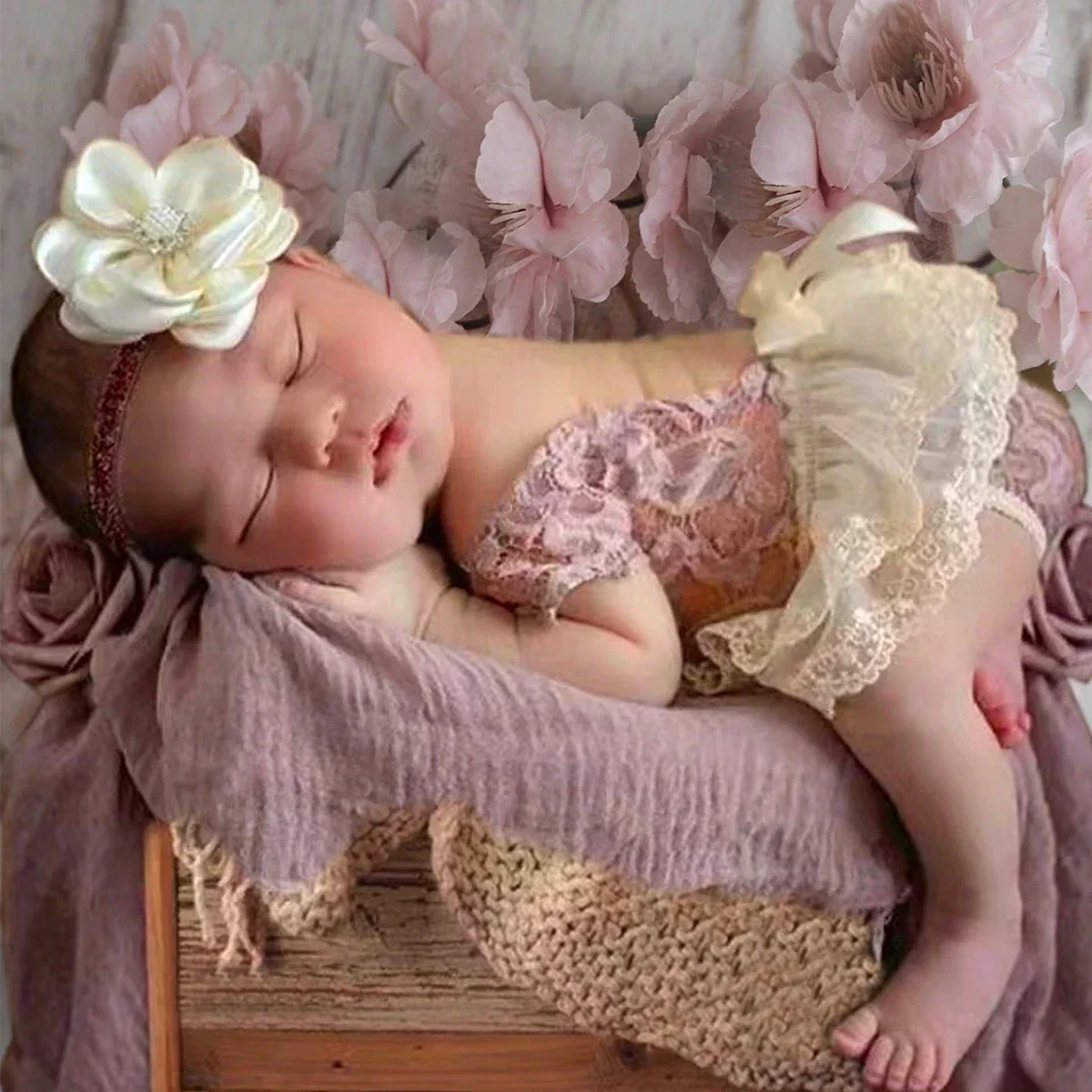 

Infant Photography Newborn Photography Props 2 Pieces Set Dusty Pink Newborn Girl Photo Shooting Outfits Cute Baby Lace Romper