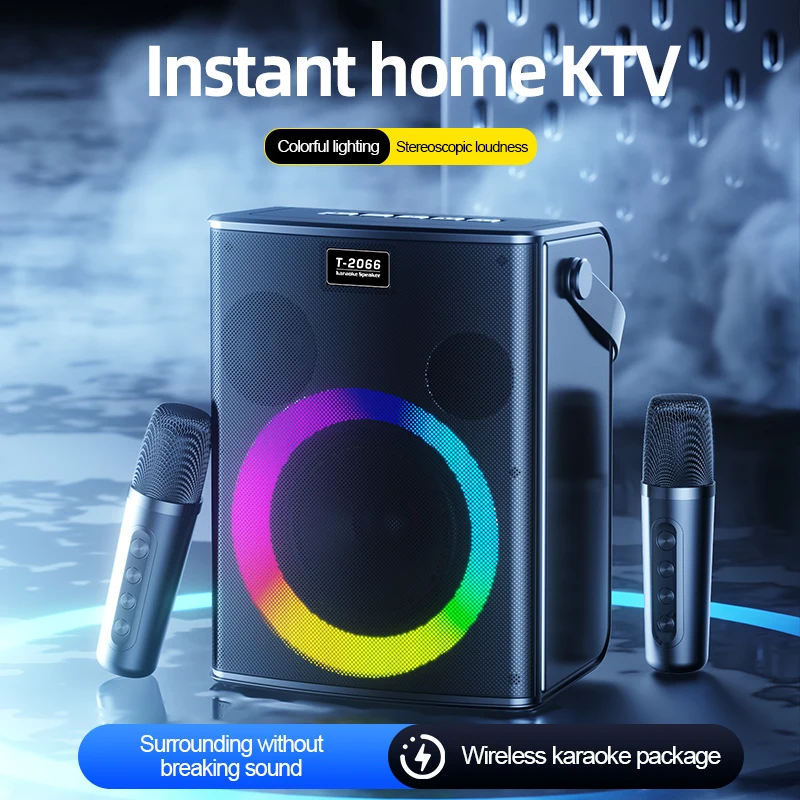 Karaoke machine, portable Bluetooth speaker, super colorful LED lighting effect, 2 wireless microphones and 5 sound effects