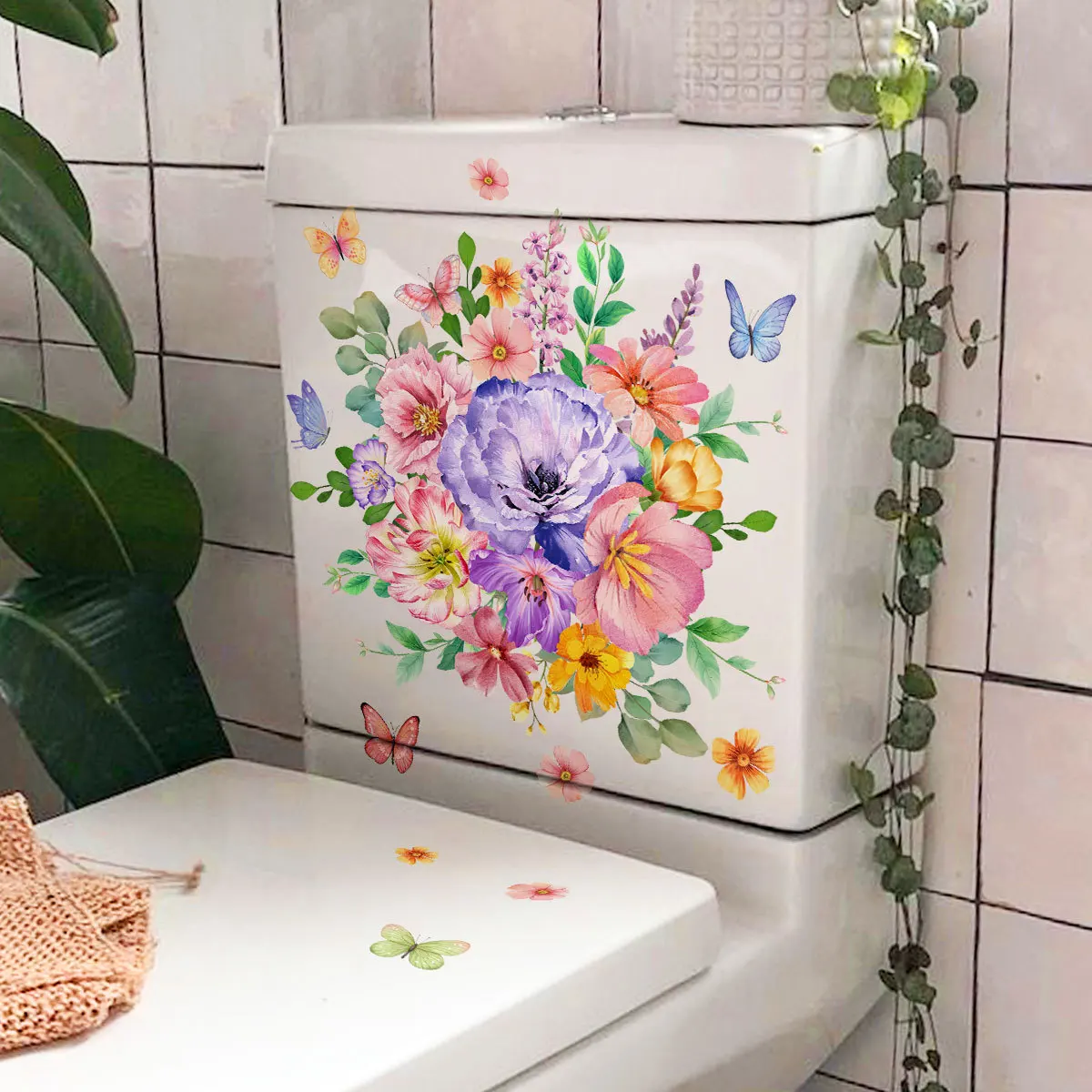 Colorful clusters of flowers butterfly wall paste bathroom toilet post toilet lid beautification decorative wall paste