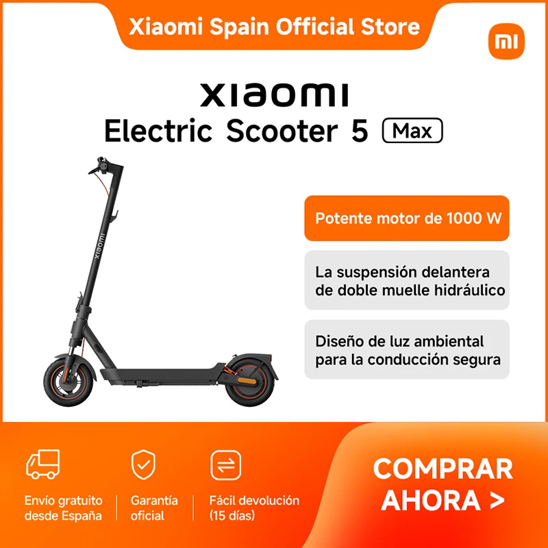 Oficial | Xiaomi Electric Scooter 5 Max, La suspensión delantera de doble muelle hidráulico, Potente motor de 1000 W, Diseño de luz ambiental para la conducción segura