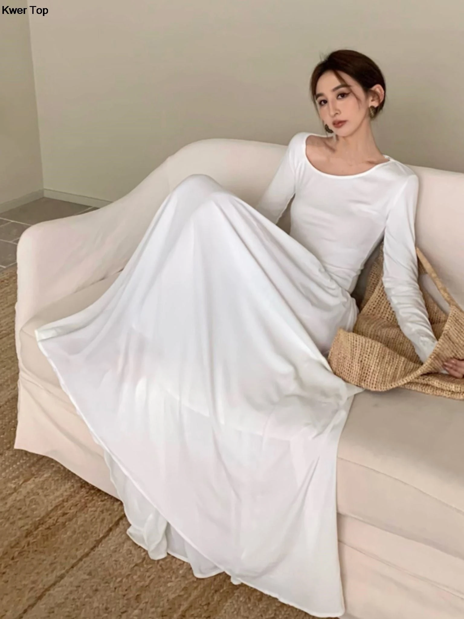 Maxi vestido ajustado informal de manga larga para mujer, elegante vestido de noche elegante para baile de graduación, bata blanca para mujer, ropa de primavera 2023