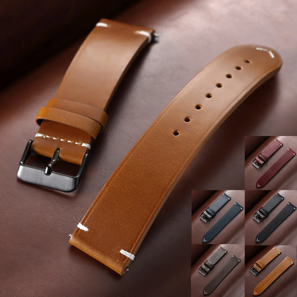 Vintage Oil Wax Leather Watchbands Black Brown Cowhide Watch Strap for Galaxy Wrist Band 18 20 22 24mm Quick Release Bracelet