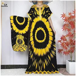 New 2024 Summer Party Dress Women Loose Cotton Short Sleeve Maxi Robe Femme Musulmane African Printing Floral Abaya Vestidos