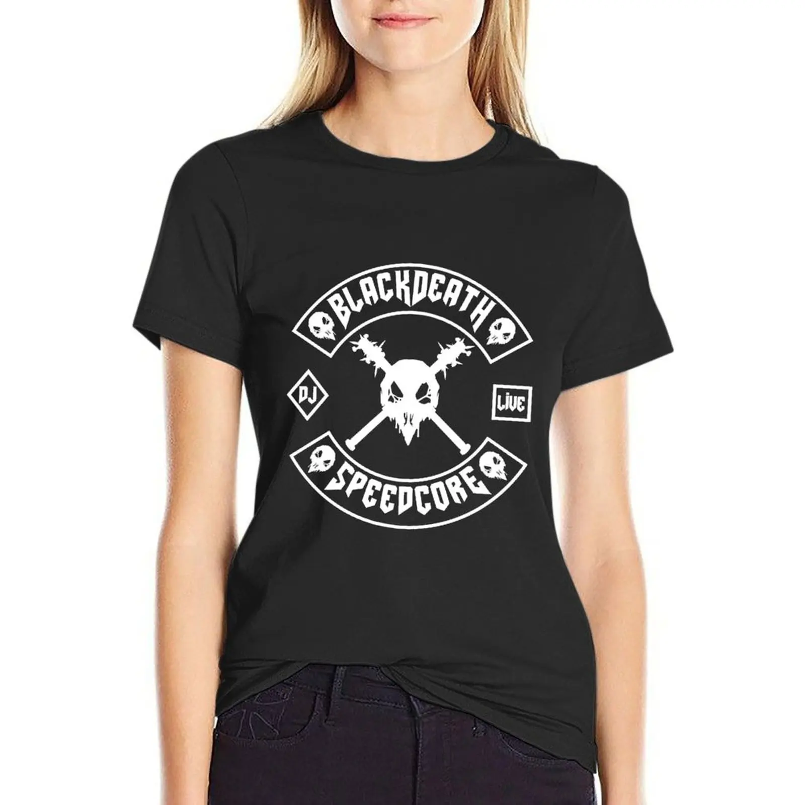 Camiseta negra Death MC (blanco sobre negro) para mujer, ropa de verano, camisetas divertidas para mujer