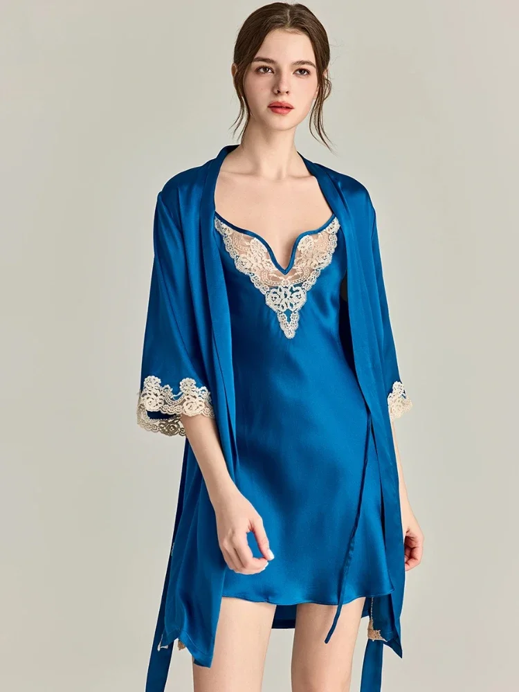 100% Mulberry Silk Robe & Nightgown 2pcs Set Female Sheer Lace V Neck Sexy Lingerie Nightdress Bathrobe Nightwear Loungewear PJs