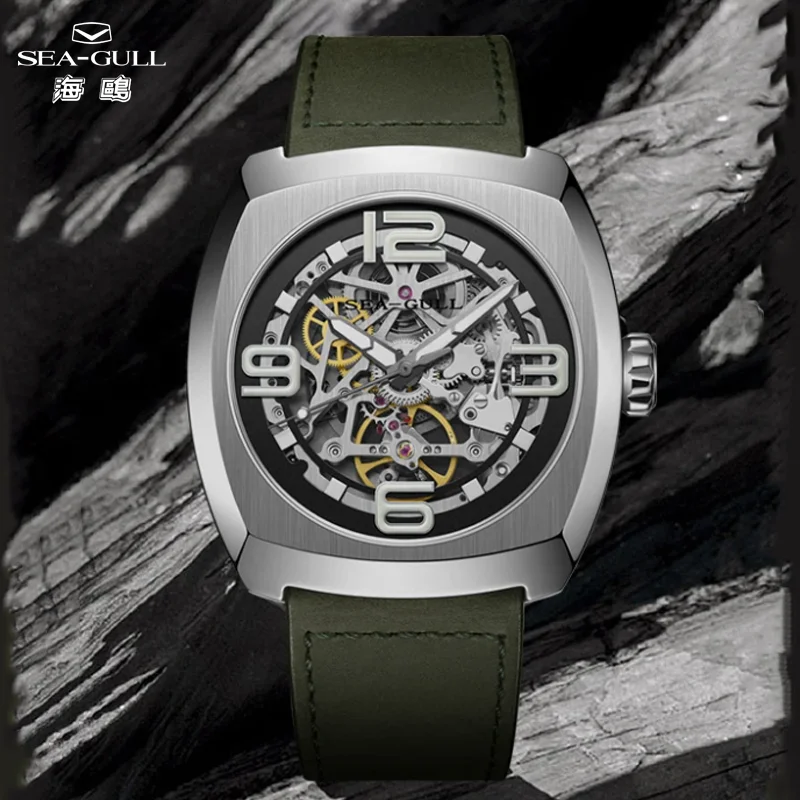 Seagull Street Overlord Serie Automatische Skelett-Uhr Sportliche Leuchtende Herren-Mechanikuhr Tonneau Saphirglas Zeitmesser 6167