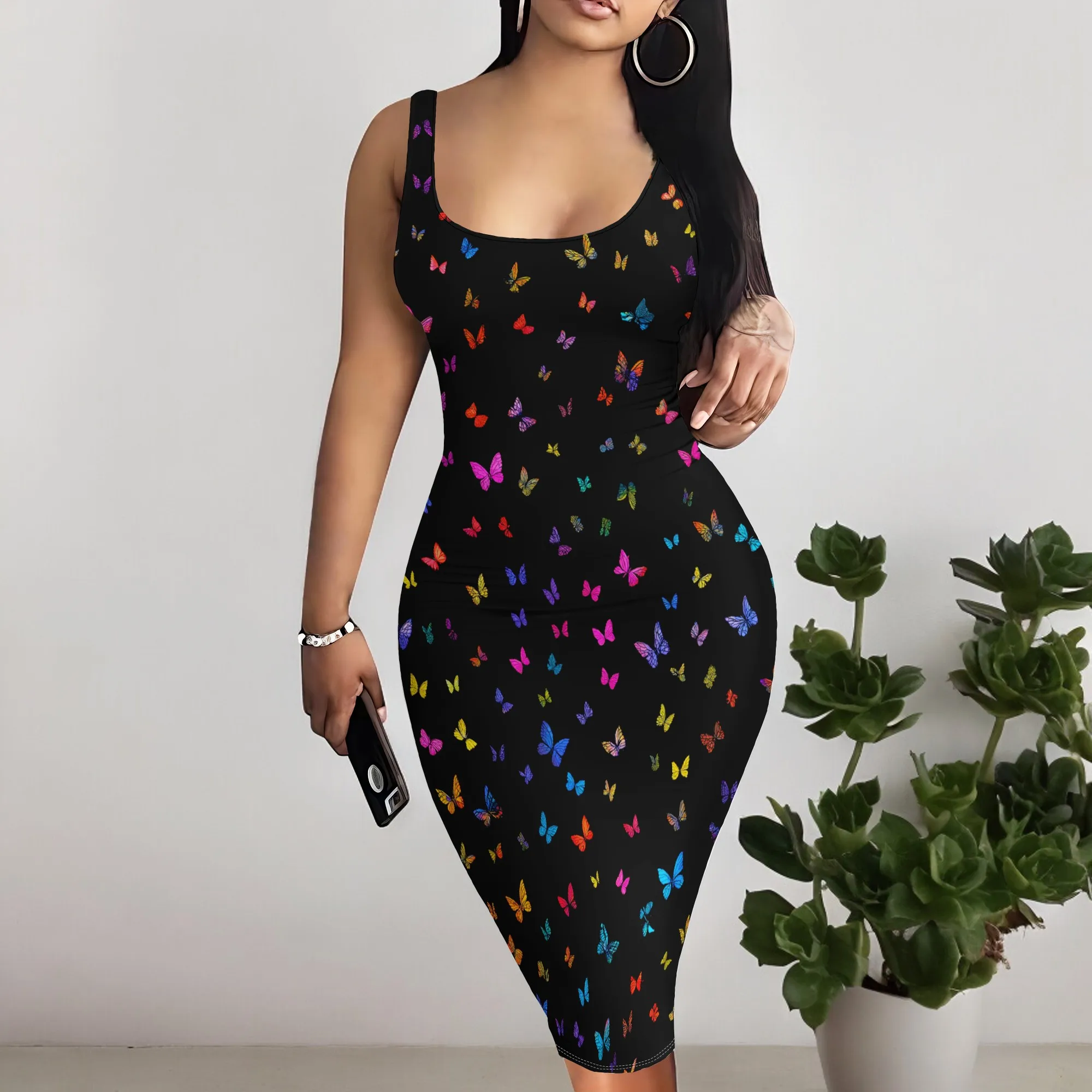 

Women's Butterfly Print Bodycon Dress | Elegant Sleeveless Midi Dress for Summer Party & Club S-3XL