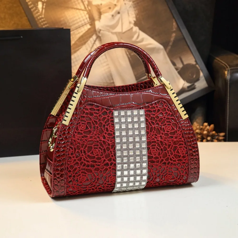 

Fashion Crocodile Pattern Bag 2023 New Luxury Lace and Diamonds Dinner Party Clutch Shoulder Handbag Female Wedding Tote Bag