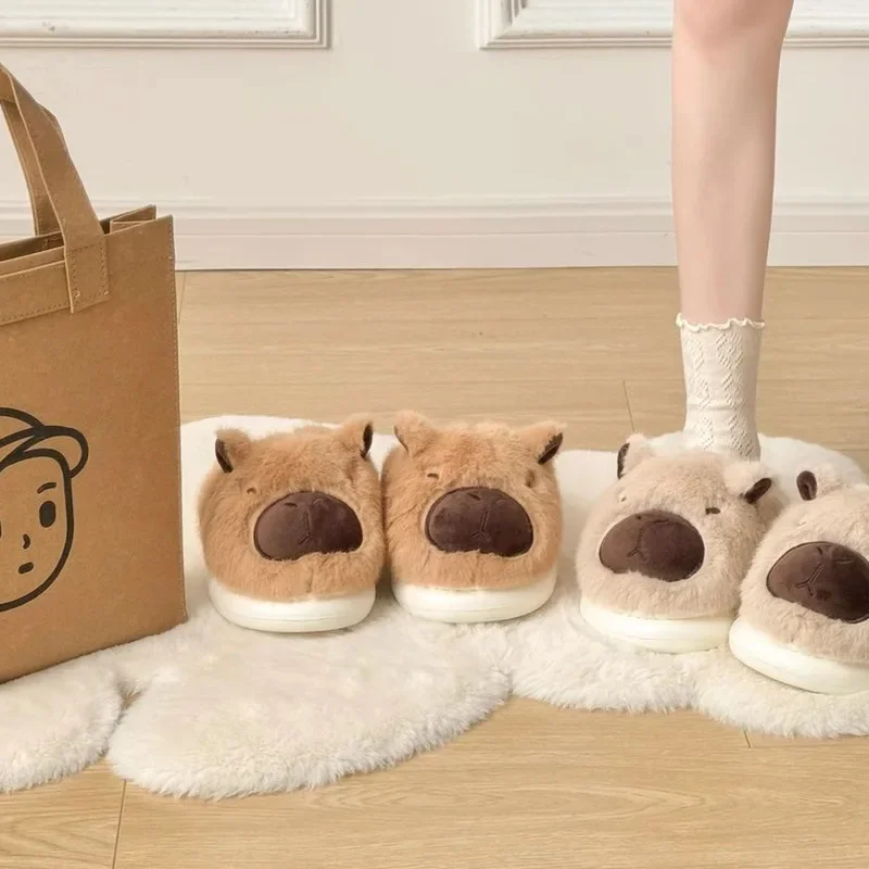 Capybara Slippers Women Winter One Word Cotton Cartoon Anime Cute Student Bedroom Suede Warm Fury Slippers Non Slip Flat Shoes