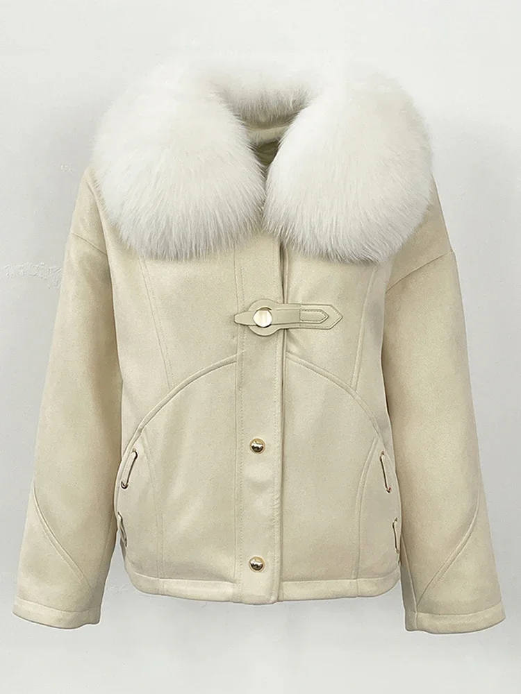 เสื้อแจ็คเก็ตผู้หญิงบุขนห่าน แต่งปกขนสุนัขจิ้งจอกแท้ ผ้าหนังกลับ รุ่นใหม่ประจำปี 2025 เสื้อผ้าฤดูใบไม้ร่วงและฤดูหนาว เสื้อแจ็คเก็ตพัฟเฟอร์ขนสัตว์สำหรับผู้หญิง