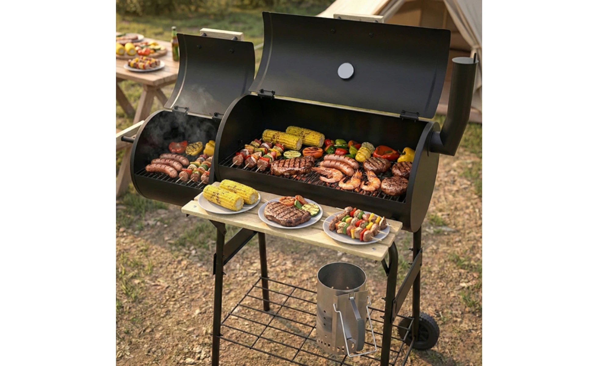Two-chamberBarrel Barbecue Grill Black Metal Wheeled Barbecue Grill Outdoor Cooking Side Shelf Wheels Two-chamberBarrel Barbecue Grill Black Metal Wheeled Barbecue Grill Outdoor Cooking Side Shelf Wheels