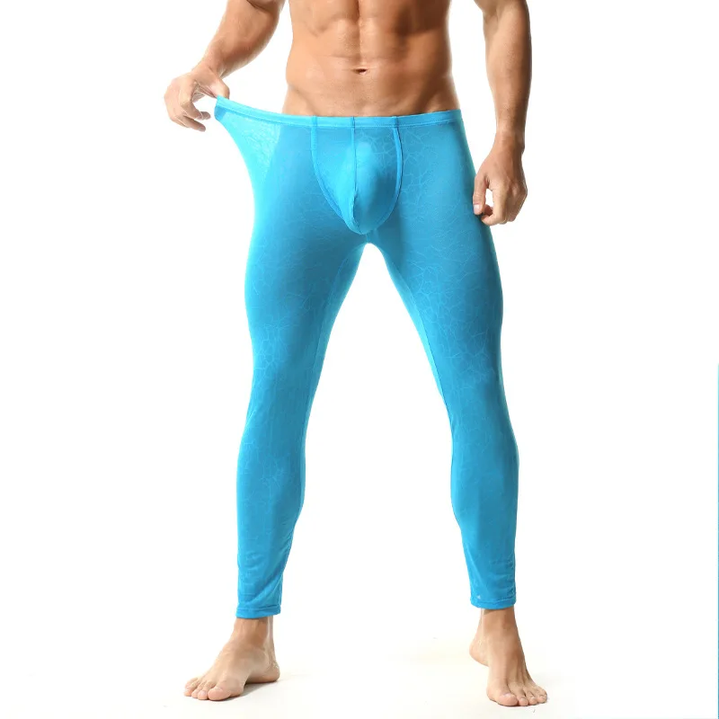 Men's Sheer Mesh Long Johns Transparent Lace Pattern Compression Pants Sexy See-Through Mesh Leggings High Elastic Form-Fitting