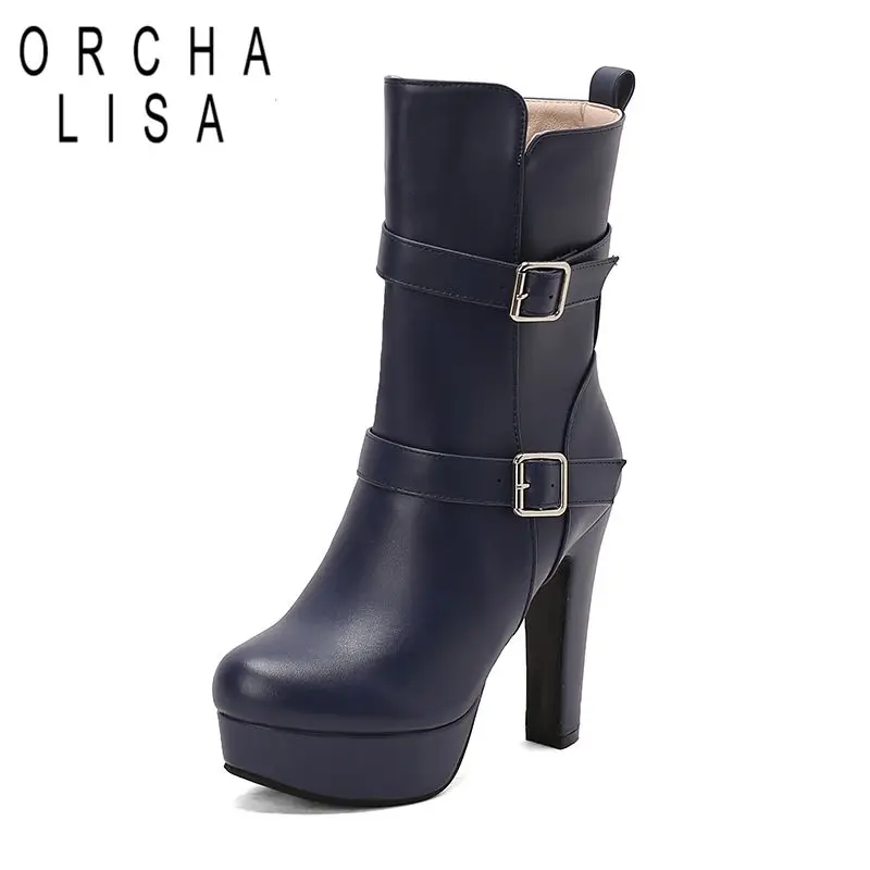 

ORCHA LISA 2025 Dating Mid Calf Boots for Women Round Toe Block Heels 12cm Platform 3.5cm Zipper Belt Buckles Plus Size 48 49 50