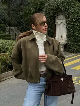 HH Women's Street Fashion Solid Loose Suede Texture Coats Causal Long Bat Sleeves Lapel Zipper Fly Winter Vintage Jackets 4