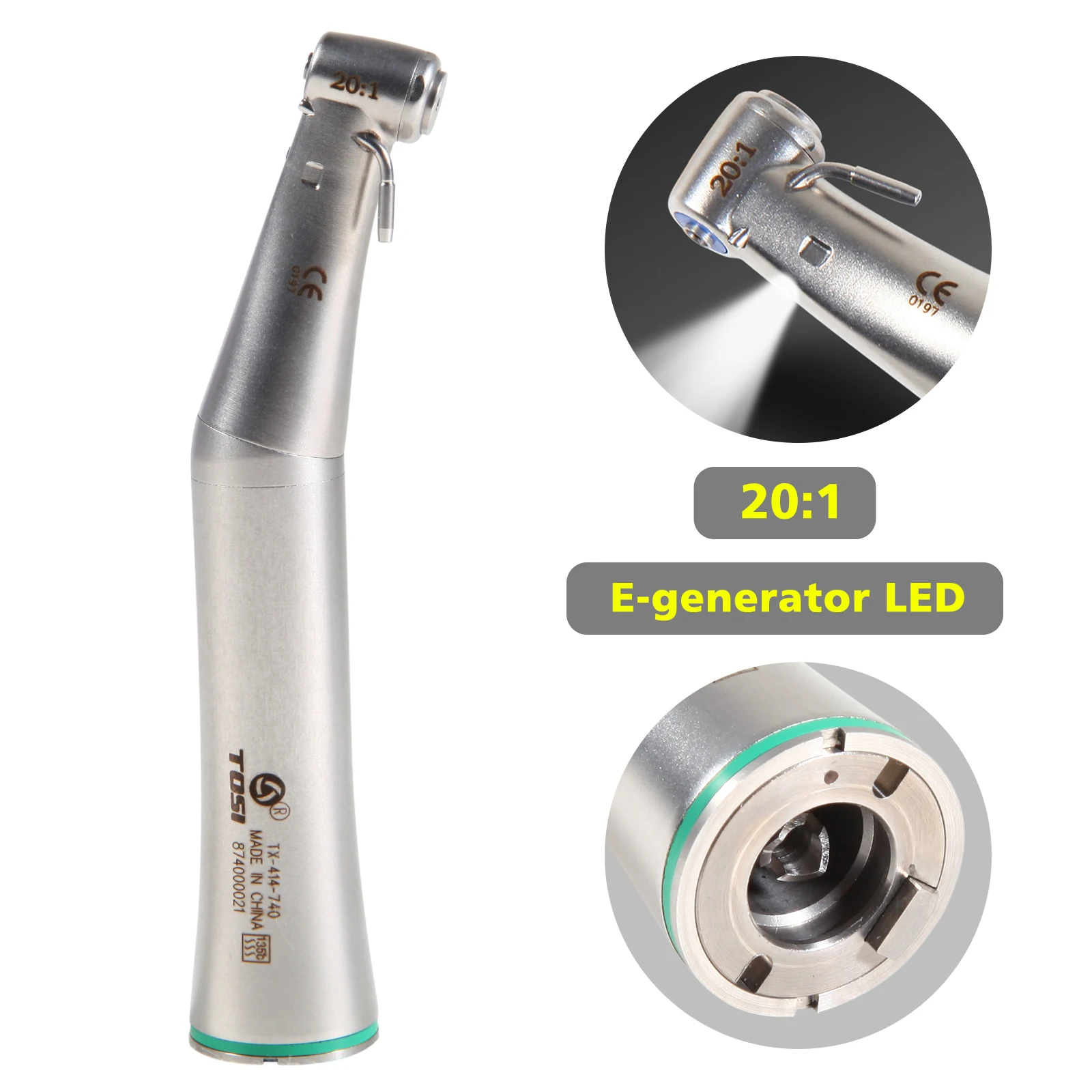 

Detachable Dental Implant 20:1 Contra Angle Single Water Spray Handpiece LED E-Generator Self Power Supply