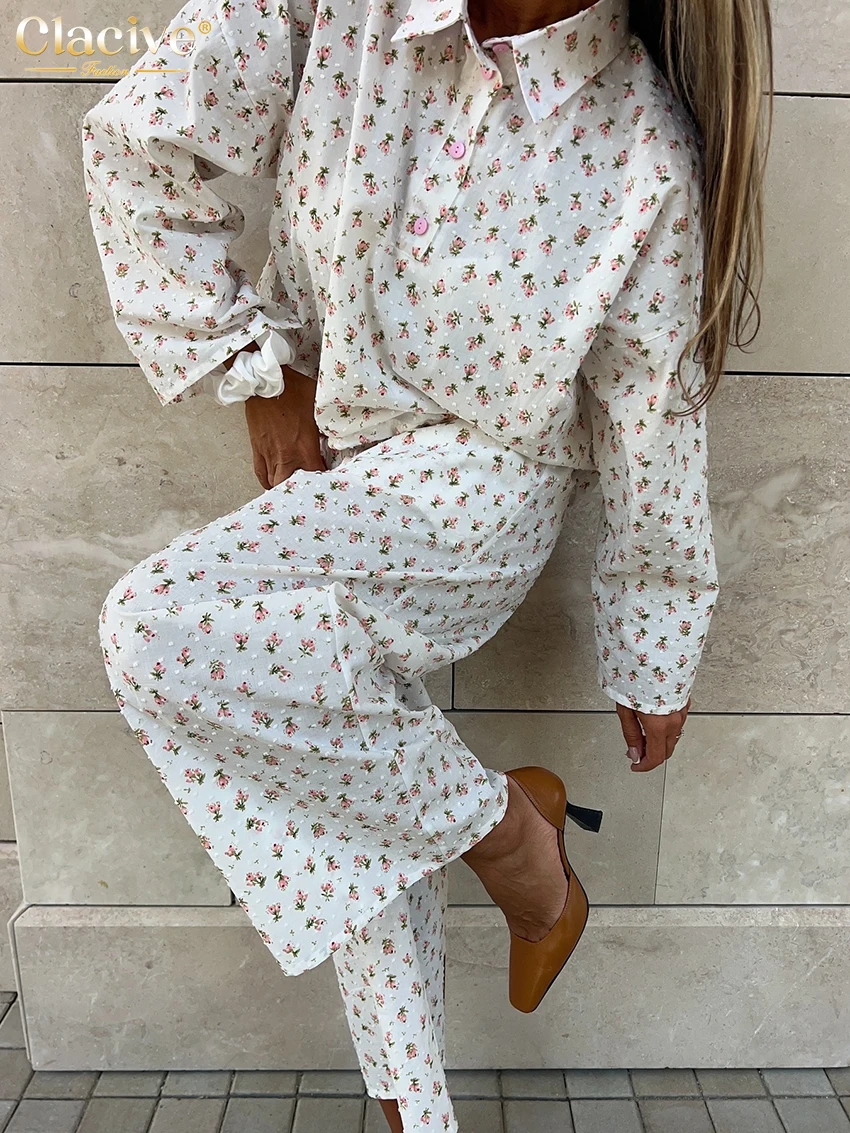 Clacive Fashion Loose Cotton Women's Two Pieces Set 2025 Elegant Long Sleeve Shirt With High Waist Long Pants Set Streetwear