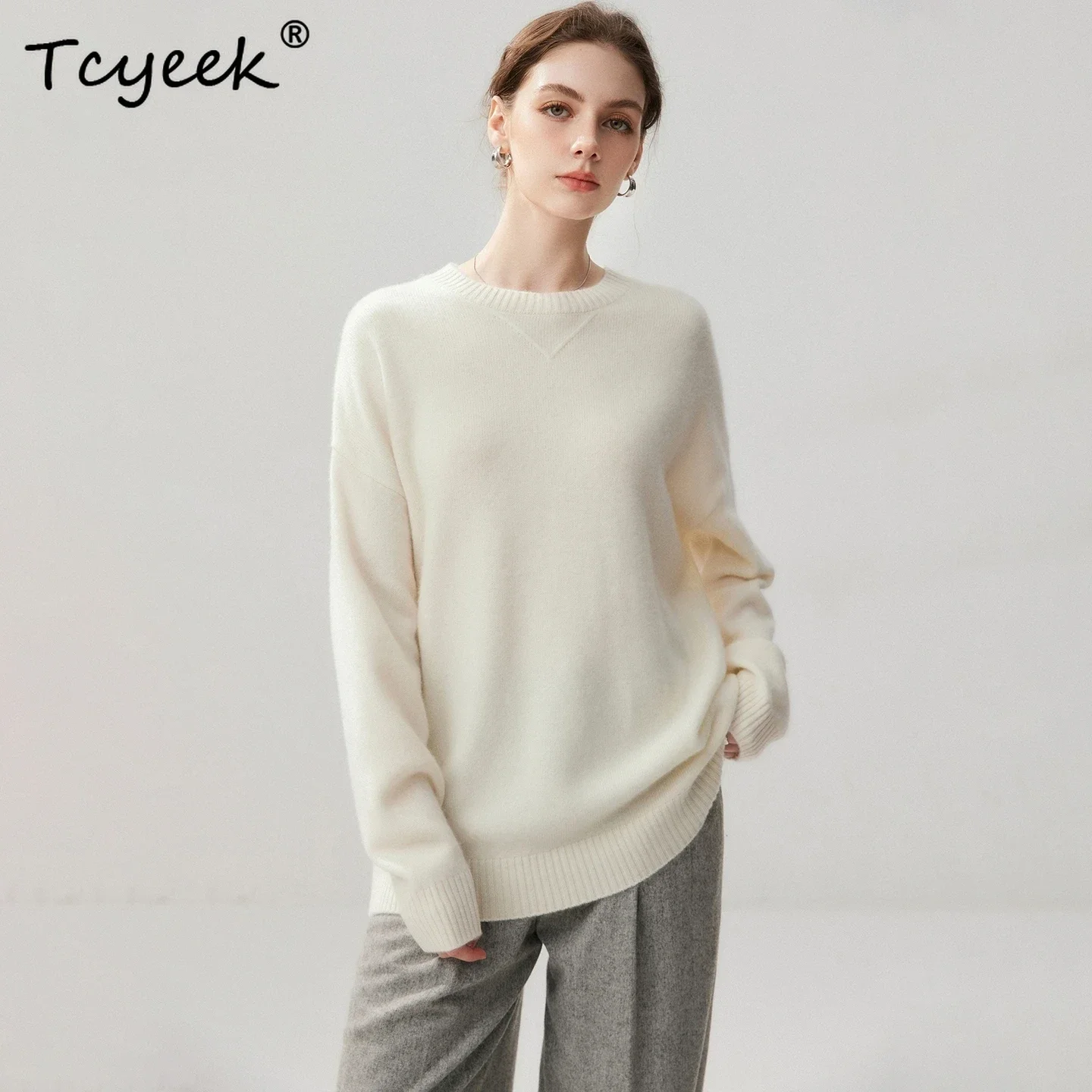 European Style Women's Pullover Sweater 100% Cashmere Autumn Winter Sweater Loose Pullover O-Neck Thicken Warm Long Knit Clothes