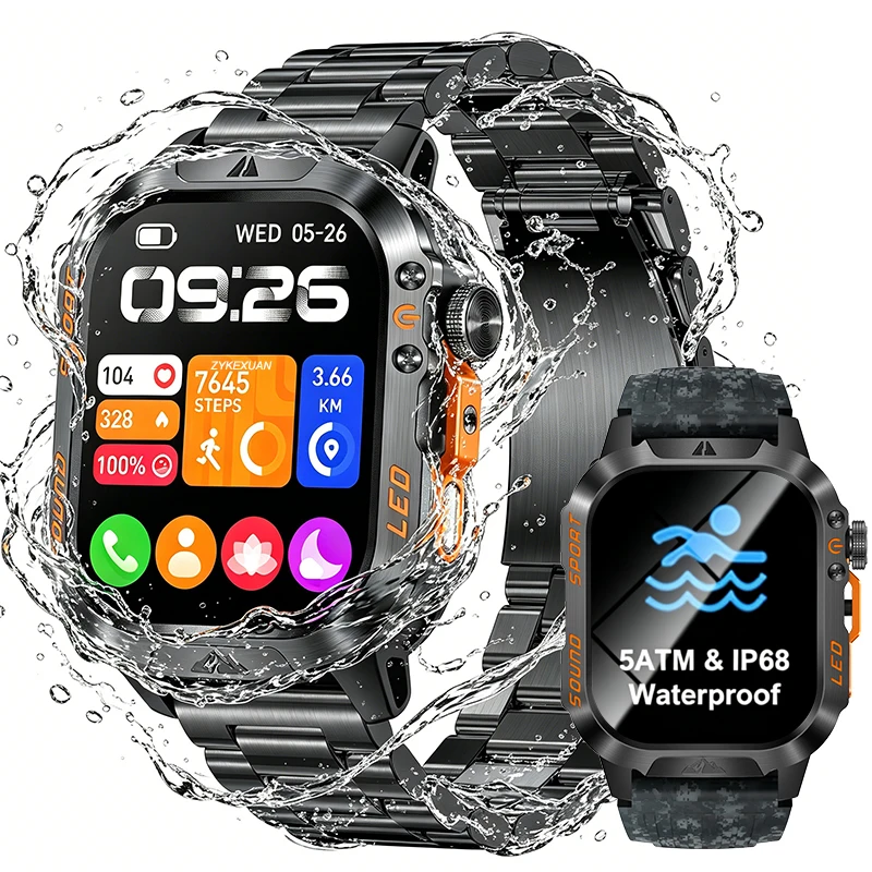 New 1200mAh Battery Rugged Military Smart Watch Men 5ATM Waterproof Fitness Tracker Health Heart Rate Smartwatch For iOS Android