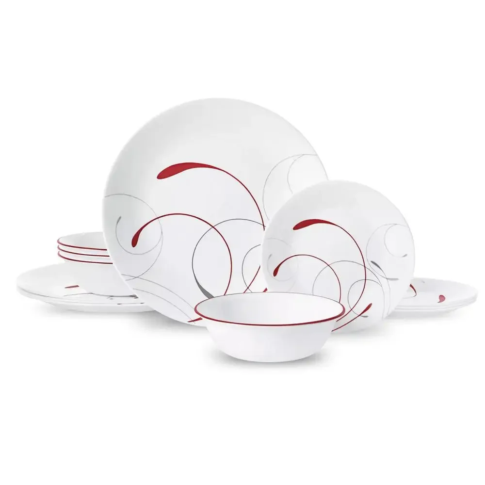 12-Piece White and Red Dinnerware Set with Gray Plumes Microwave Safe and Chip Resistant Vitrelle Glass Technology Includes