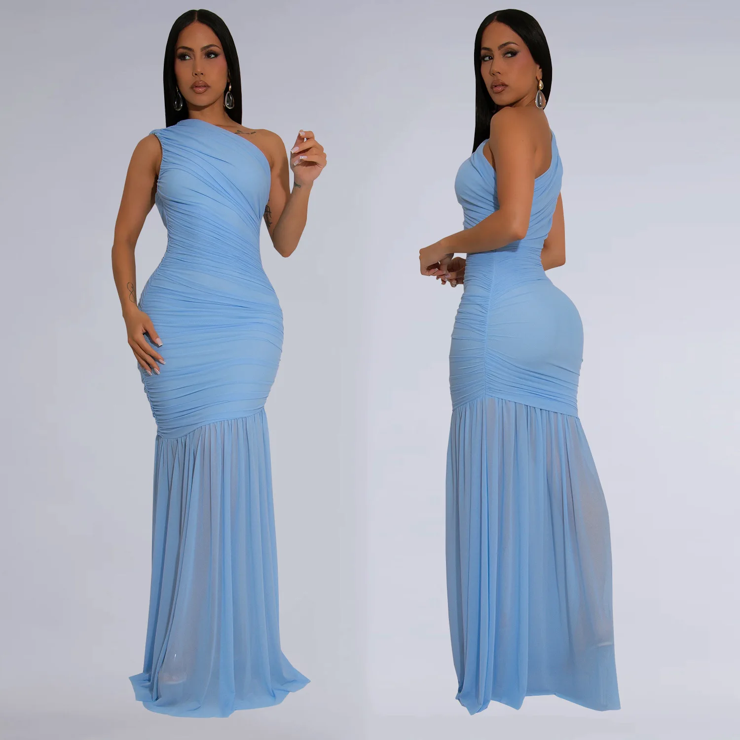 C7370 Abito in tinta unita trasparente sexy con spalla asimmetrica elegante da donna alla moda