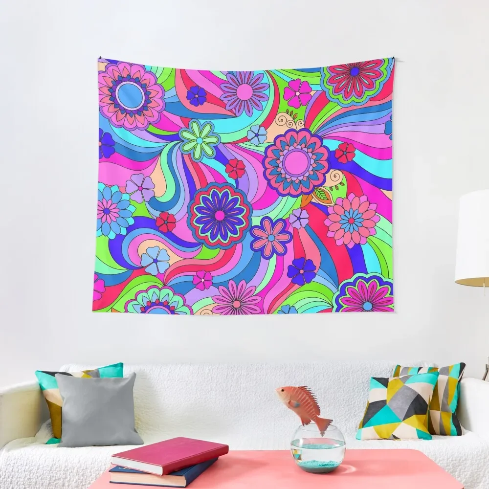 

Groovy Hippy Flower Power Cool Tones Tapestry Wall Hangings Decoration Decoration Aesthetic Tapestry