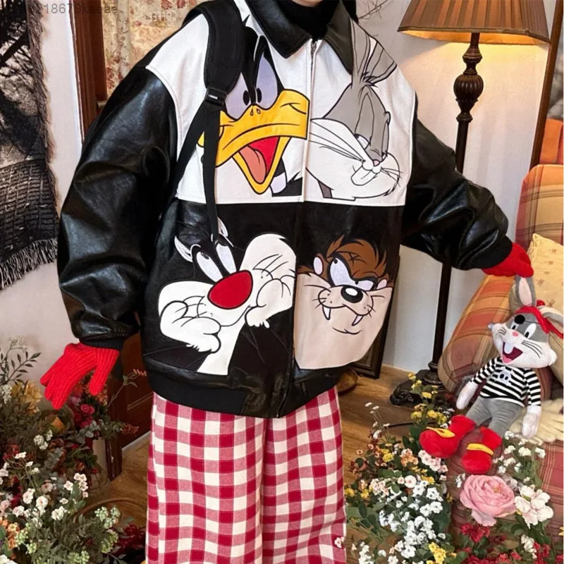 Disney Cartoon Embroidery PU Leather Cotton Jacket For Men And Women Winter New American Style Trend Cool Jacket Thick Warm Coat